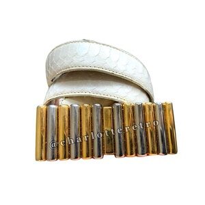 vtg Snakeskin Leather Belt w Deco Buckle